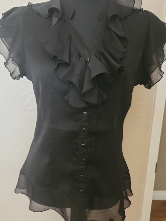 Zoe B Tops - Women's Black Ruffle-Front Blouse
